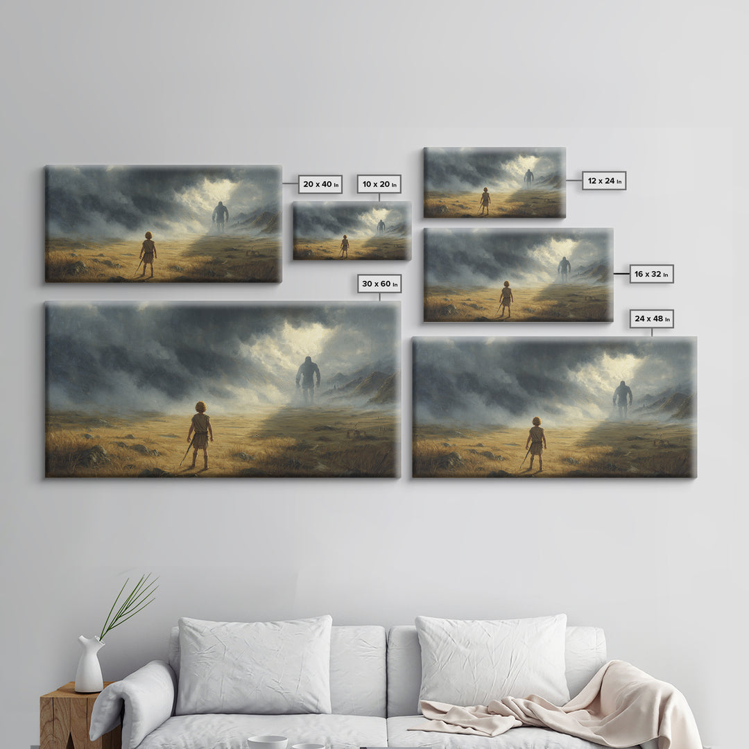 Child Facing Giant In Stormy Valley Wall Art, Fantasy Landscape Canvas Print, Moody Adventure Decor, Dark Surreal Gift For Him