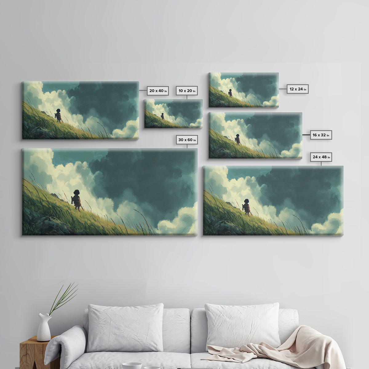 Child On Windswept Grassy Hill Wall Art, Dramatic Cloud Landscape, Whimsical Nursery Decor, Fantasy Adventure Canvas Print