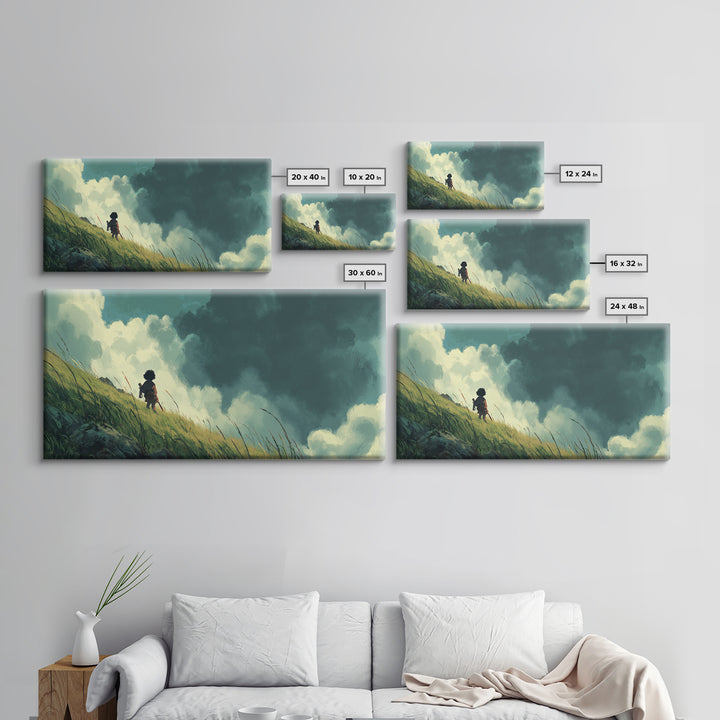 Child On Windswept Grassy Hill Wall Art, Dramatic Cloud Landscape, Whimsical Nursery Decor, Fantasy Adventure Canvas Print