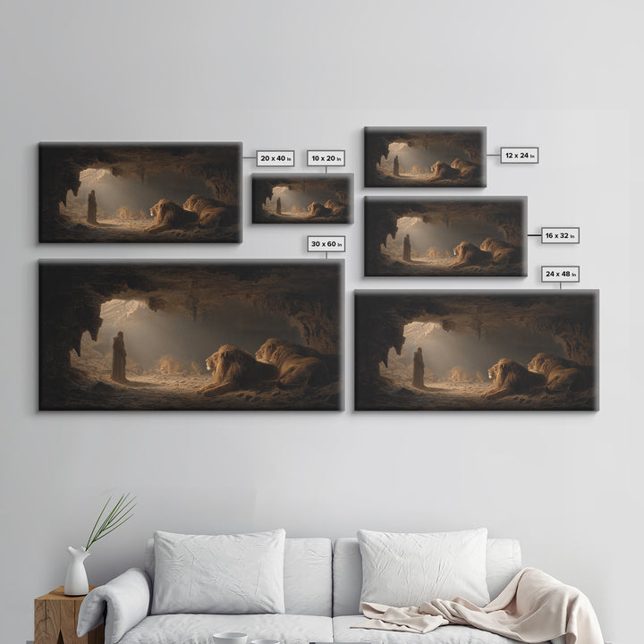 Daniel In The Lions Den Wall Art, Biblical Fantasy Canvas Print, Dramatic Cave Painting, Christian Home Decor Inspirational Gift