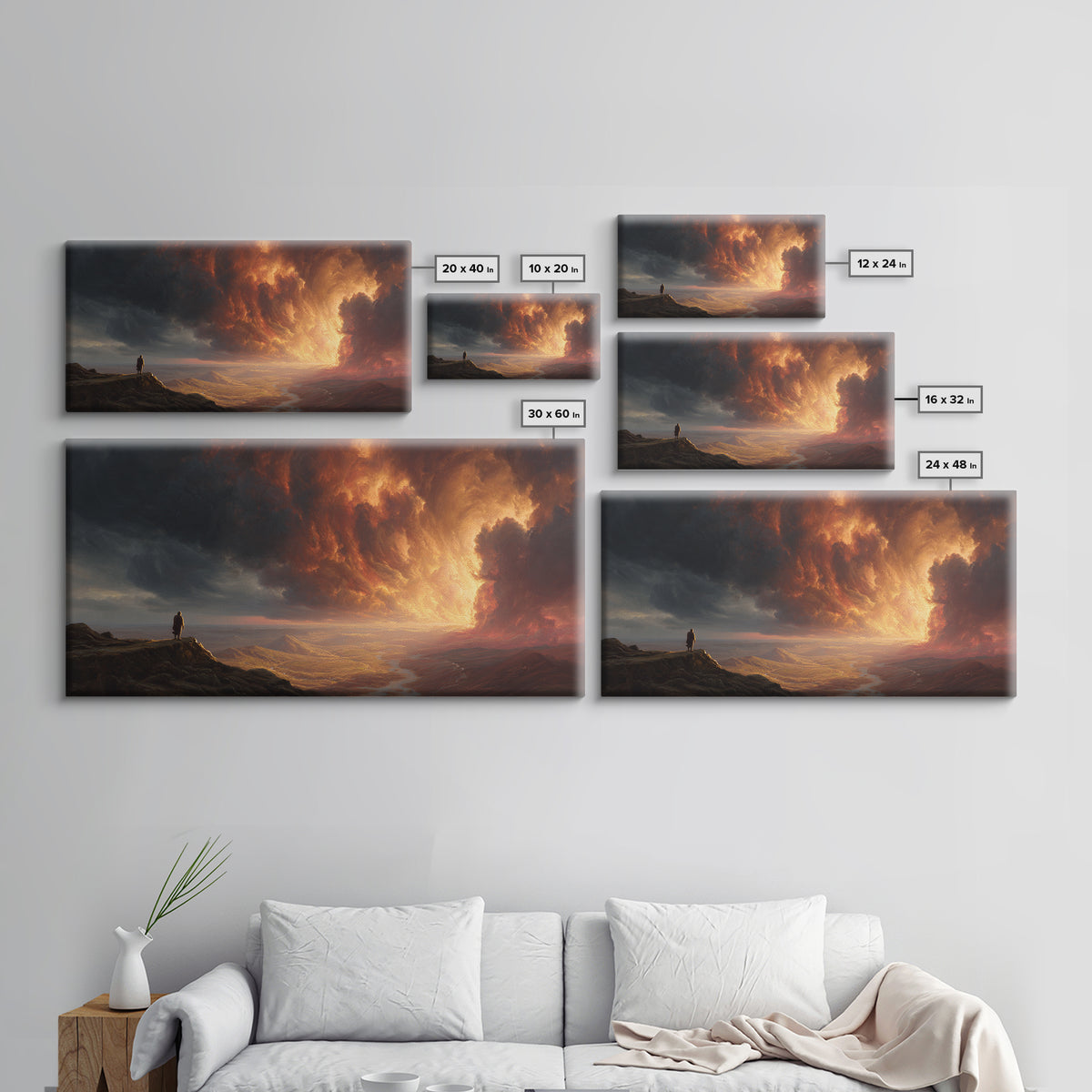 Lone Traveler Storm Valley Wall Art, Dramatic Sunset Landscape Canvas Print, Moody Mountain Decor, Fantasy Fine Art Print