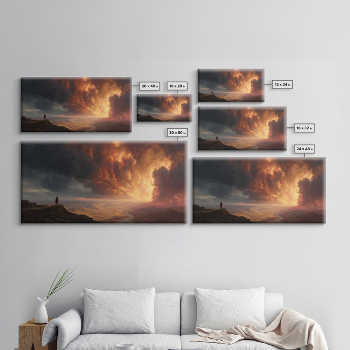 Lone Traveler Storm Valley Wall Art, Dramatic Sunset Landscape Canvas Print, Moody Mountain Decor, Fantasy Fine Art Print