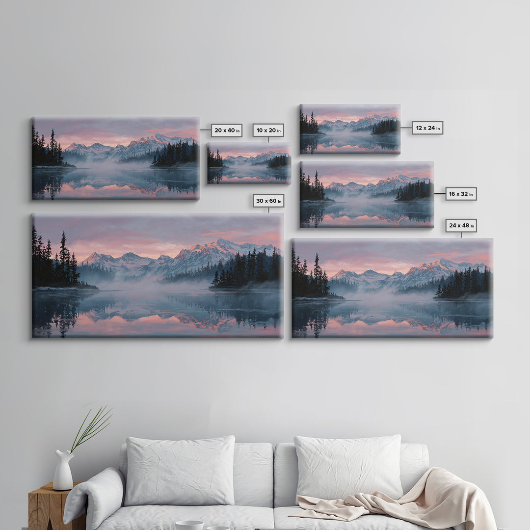 Pink Alpine Mountain Lake Wall Art, Misty Forest Landscape Canvas Print, Nature Decor, Large Wall Art For Living Room Decor
