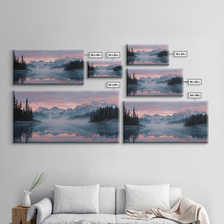 Pink Alpine Mountain Lake Wall Art, Misty Forest Landscape Canvas Print, Nature Decor, Large Wall Art For Living Room Decor