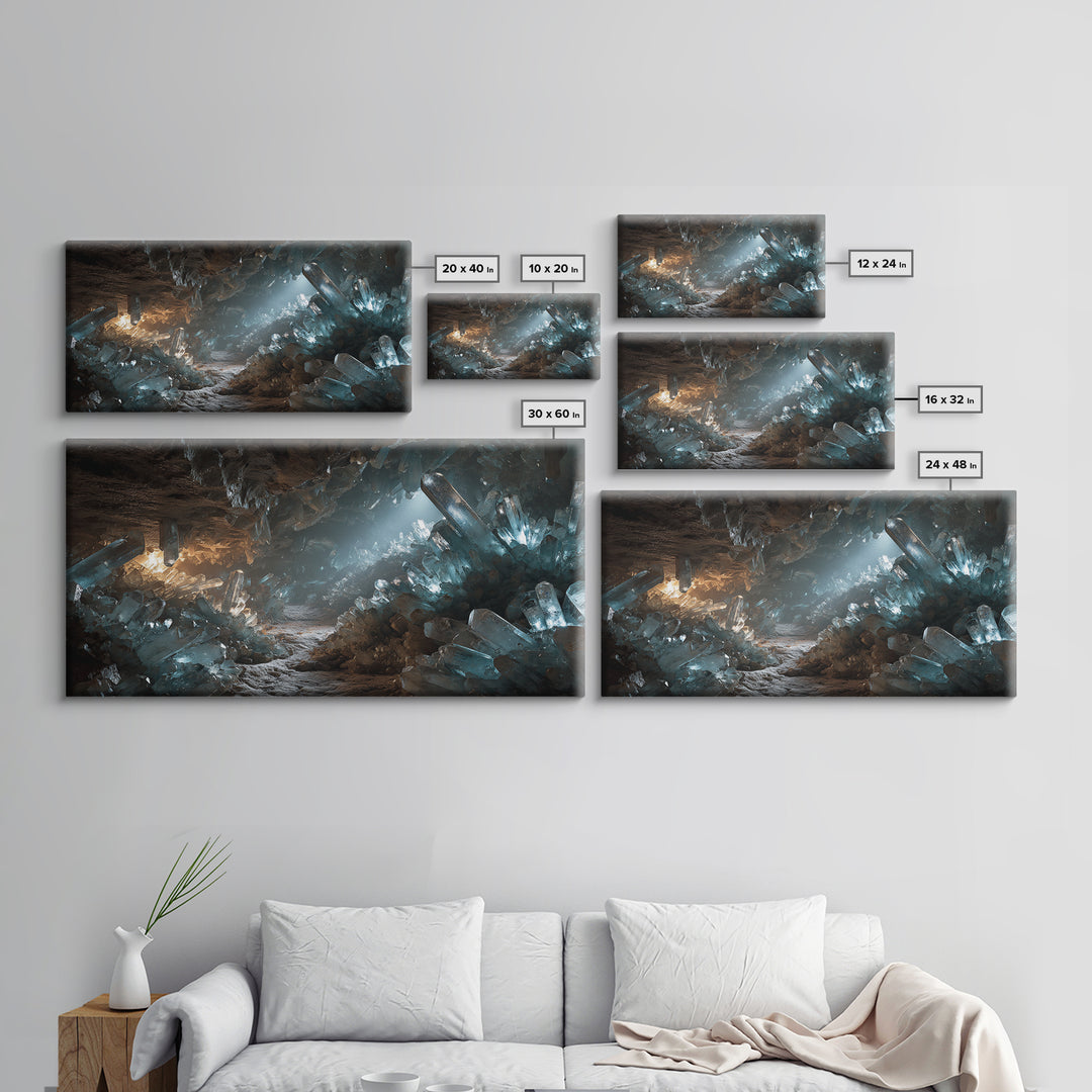 Glowing Crystal Cave Fantasy Canvas Print, Blue Quartz Cavern Wall Decor, Mystical Landscape Art, Unique Gamer Room Gift
