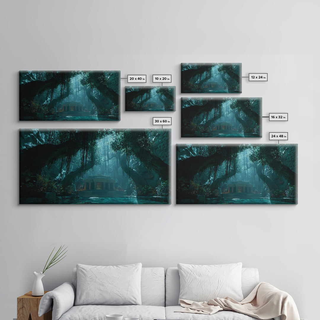 Teal Jungle Temple Cave With Waterfall Wall Art, Fantasy Canvas Print, Moody Nature Decor, Zen Home Decor, Unique Gift For Her