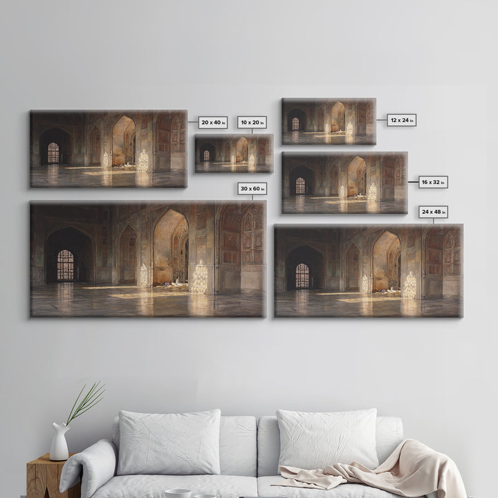 Sunlit Islamic Architecture Wall Art, Historic Mosque Interior Canvas Print, Moroccan Arches Decor, Prayer Room Gift For Home
