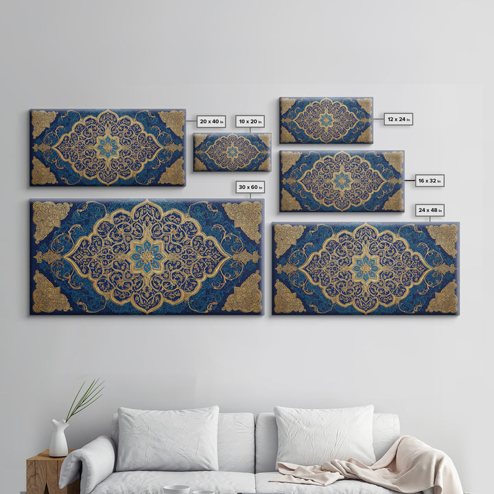 Blue Gold Islamic Geometric Wall Art, Ornate Arabic Pattern Canvas Print, Moroccan Home Decor, Elegant Ramadan Gift For Prayer Room