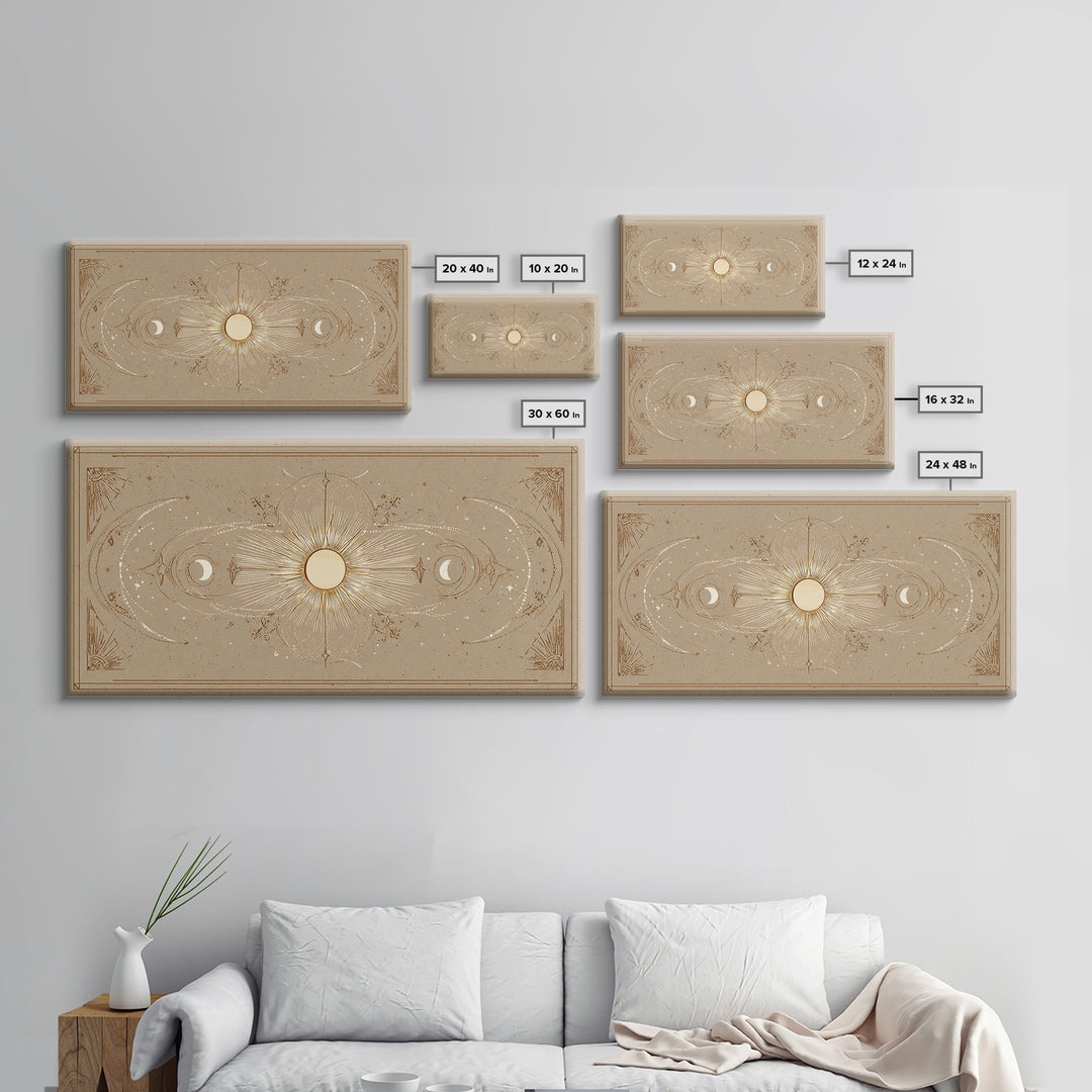 Celestial Sun And Moon Wall Art, Gold Mystic Canvas Print, Boho Astrology Decor, Neutral Bedroom Above Bed Wall Decor, Housewarming Gift