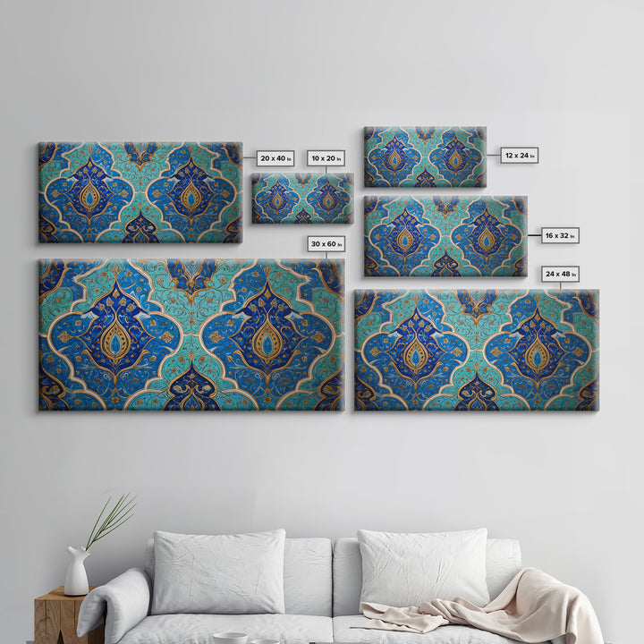 Blue Gold Moroccan Tile Pattern Wall Art, Islamic Home Decor, Boho Wall Decor, Geometric Art, Luxury Statement Artwork Gift