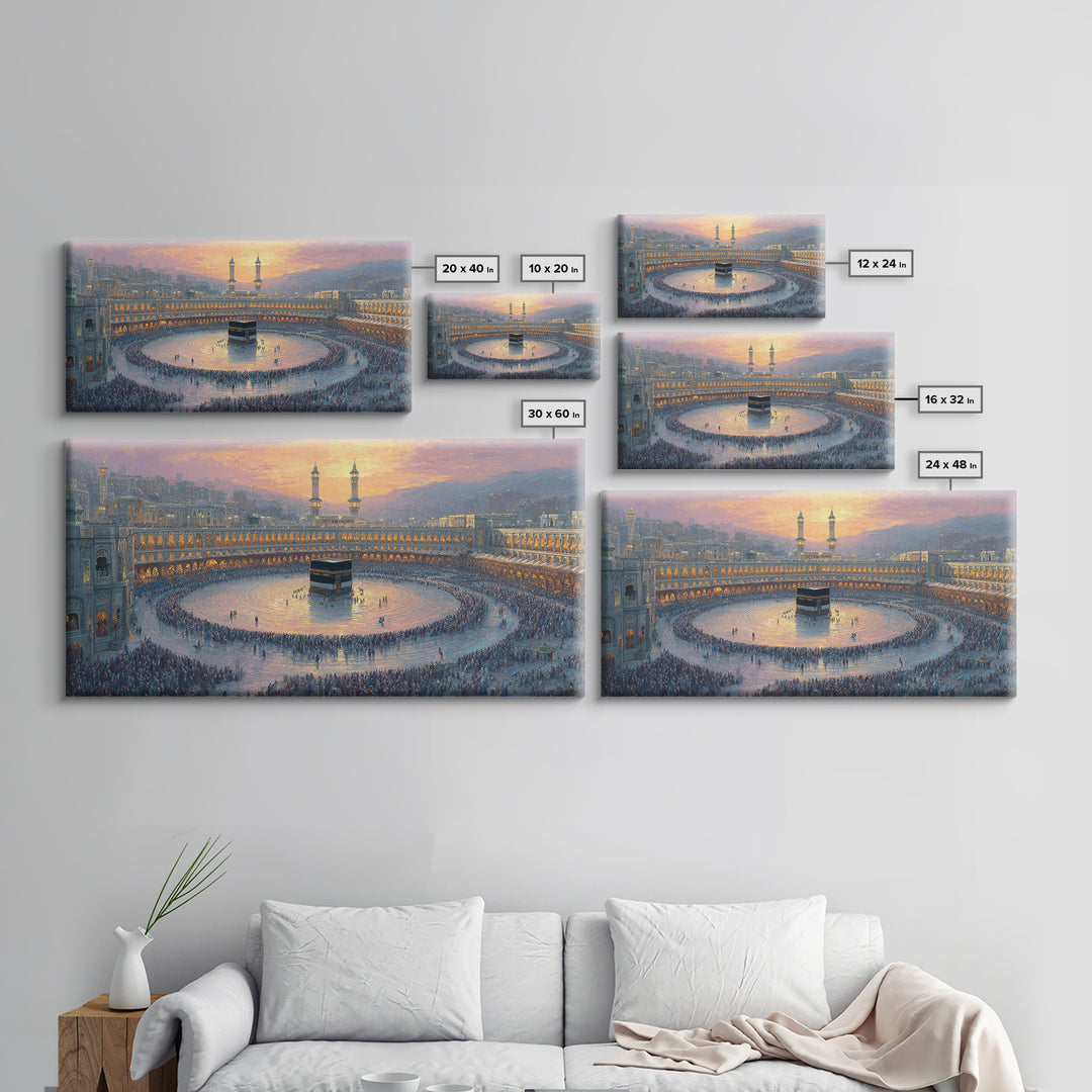 Sunset Kaaba Pilgrimage At Mecca Framed Canvas Print, Islamic Wall Art, Muslim Home Decor, Spiritual Gift, Prayer Room Decor