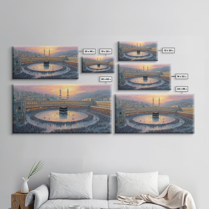 Sunset Kaaba Pilgrimage At Mecca Framed Canvas Print, Islamic Wall Art, Muslim Home Decor, Spiritual Gift, Prayer Room Decor