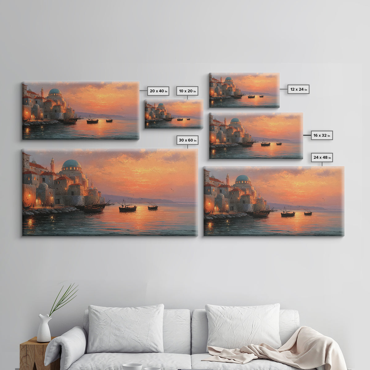 Mediterranean Dome Harbor Sunset Canvas Print, Coastal Wall Art, Italian Seascape Decor, Boats Over Water, Travel Gift Idea