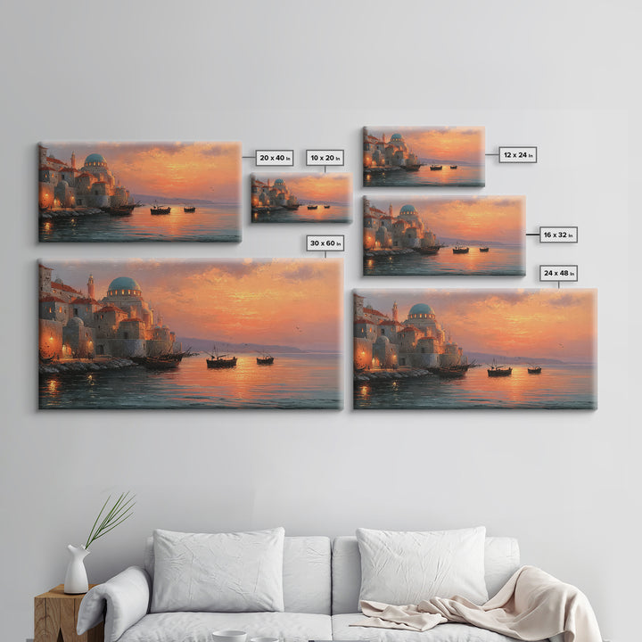 Mediterranean Dome Harbor Sunset Canvas Print, Coastal Wall Art, Italian Seascape Decor, Boats Over Water, Travel Gift Idea