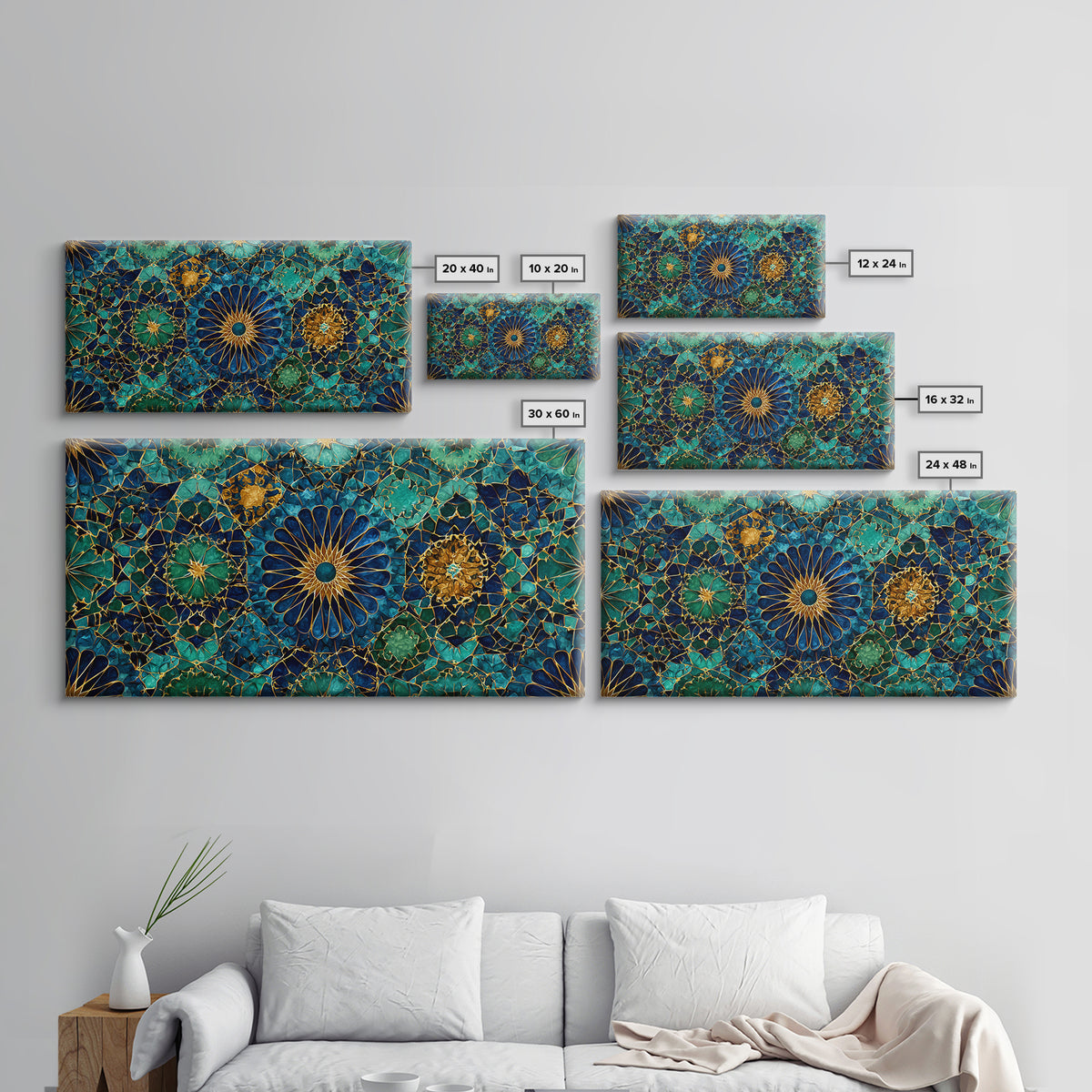 Teal Gold Floral Mosaic Canvas Print, Moroccan Wall Art, Geometric Pattern Decor, Mediterranean Tile Gift For Her, Luxury Home Decor