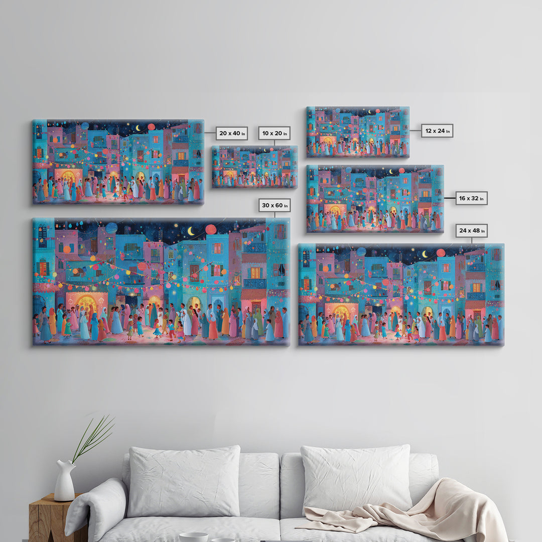 Colorful Moonlit Wedding Street Wall Art, Mediterranean Festival Canvas Print, Dopamine Decor, Joyful Village Poster Gift
