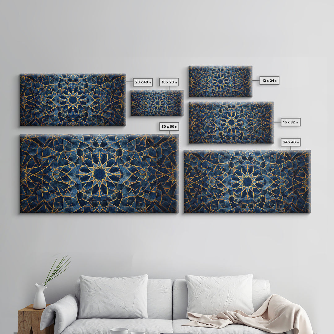 Blue Gold Islamic Geometric Wall Art, Sacred Pattern Canvas Print, Moroccan Tile Decor For Modern Living Room Home Decor Gift
