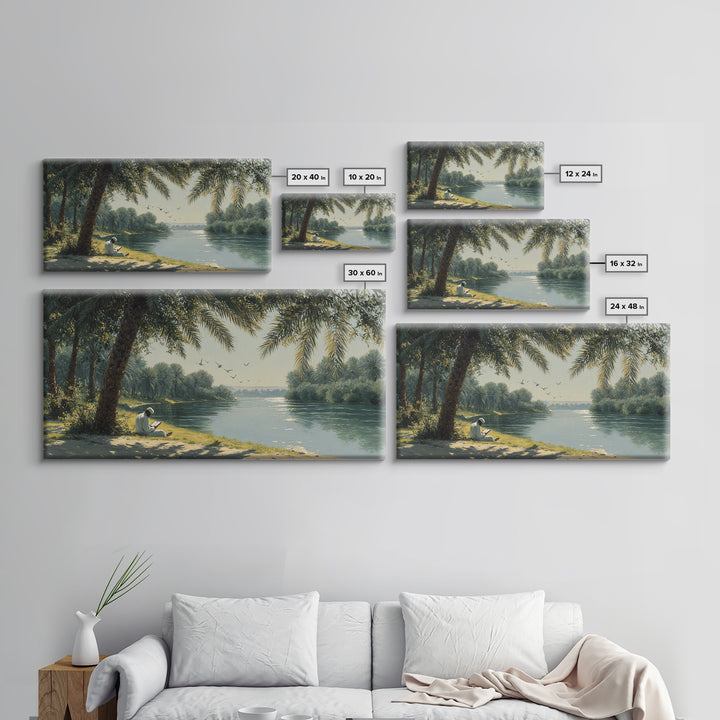 Palm Shaded River Reader Canvas Print, Serene Tropical Landscape Wall Art, Coastal Home Decor, Office Decor, Housewarming Gift For Her