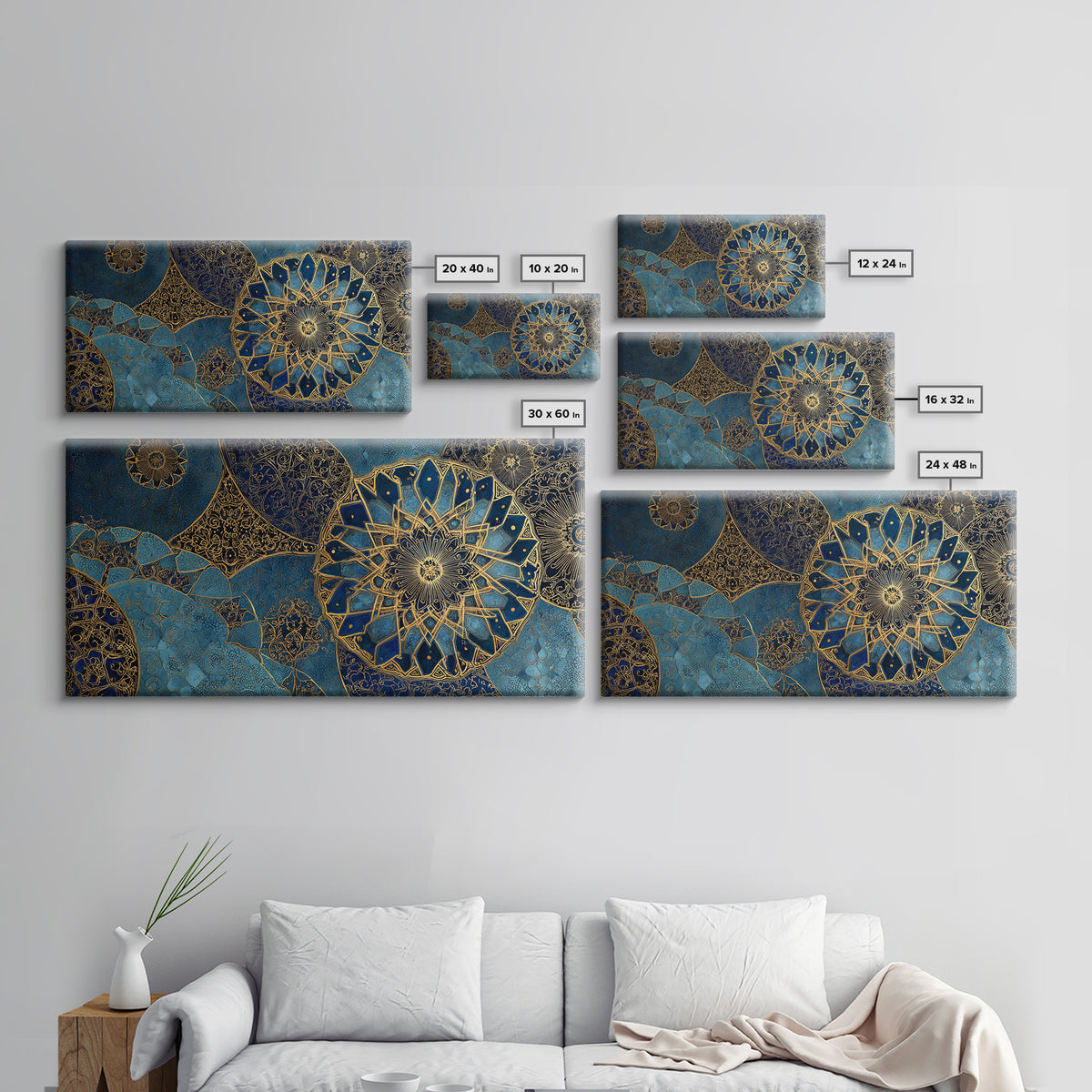 Blue Gold Islamic Mandala Wall Art, Moroccan Geometric Canvas Print, Arabic Home Decor, Large Living Room Wall Decor, Gift