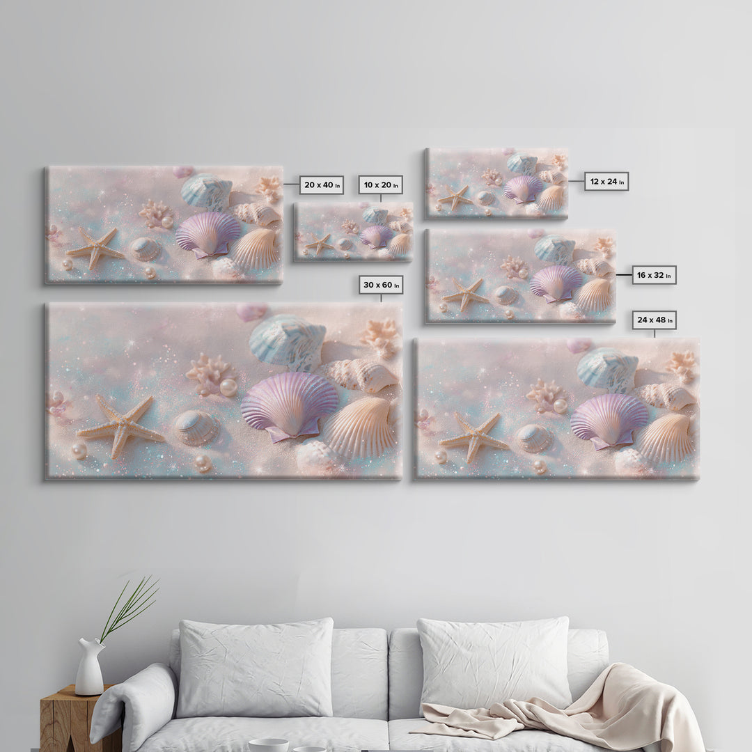 Pastel Seashells And Starfish Canvas Print, Coastal Beach Wall Art, Beach House Decor, Pastel Bathroom Decor, Ocean Nursery Gift For Her