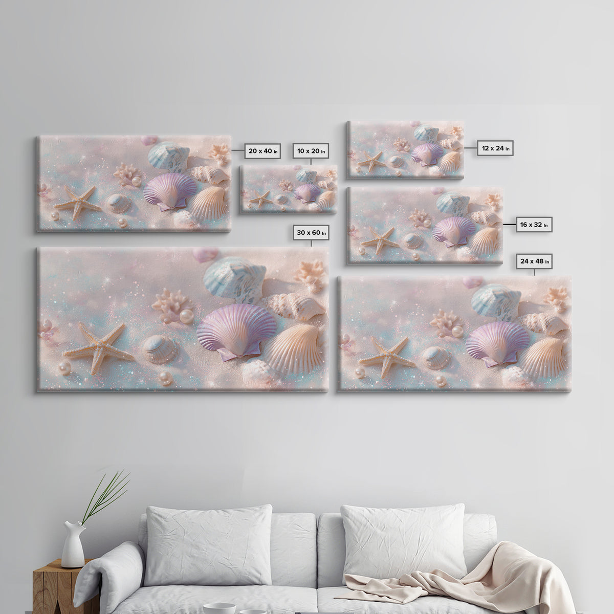 Pastel Seashells And Starfish Canvas Print, Coastal Beach Wall Art, Beach House Decor, Pastel Bathroom Decor, Ocean Nursery Gift For Her