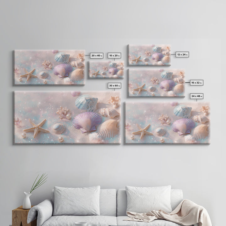 Pastel Seashells And Starfish Canvas Print, Coastal Beach Wall Art, Beach House Decor, Pastel Bathroom Decor, Ocean Nursery Gift For Her