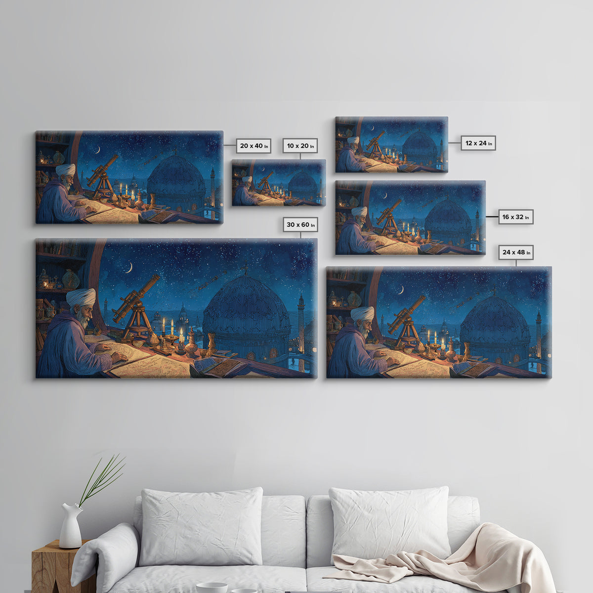 Starlit Astronomer Observatory Canvas Print, Islamic Architecture Wall Decor, Celestial Night Sky Art For Study Room And Office Decor