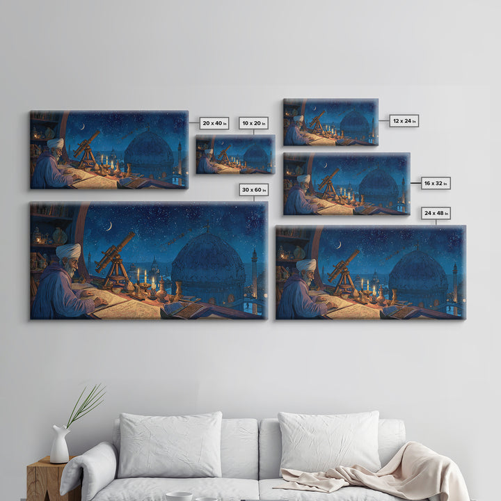Starlit Astronomer Observatory Canvas Print, Islamic Architecture Wall Decor, Celestial Night Sky Art For Study Room And Office Decor