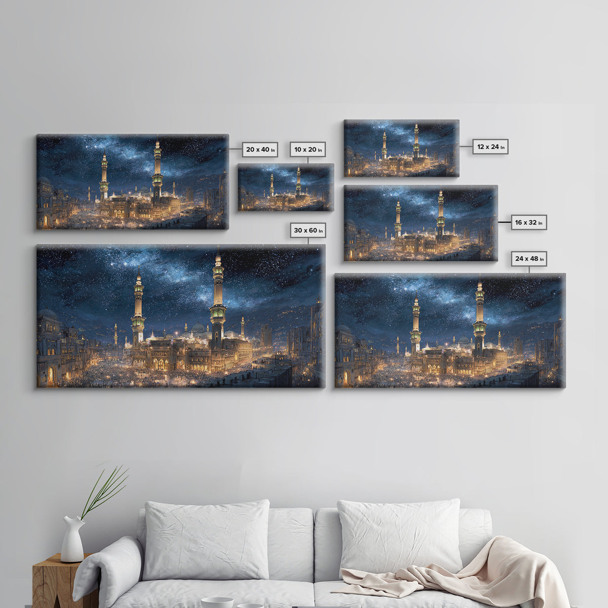 Starry Mecca Minarets At Night Wall Art, Islamic Framed Canvas Print, Celestial City Decor For Prayer Room And Living Room