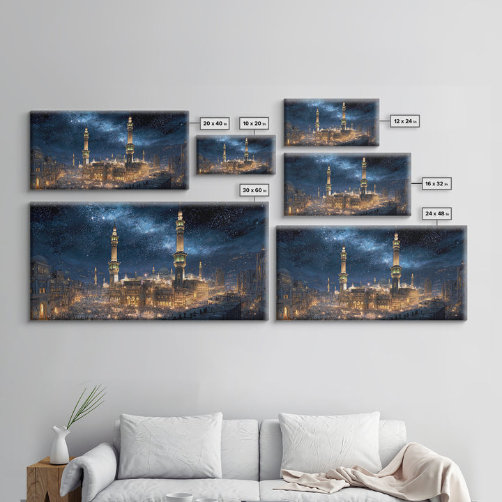 Starry Mecca Minarets At Night Wall Art, Islamic Framed Canvas Print, Celestial City Decor For Prayer Room And Living Room