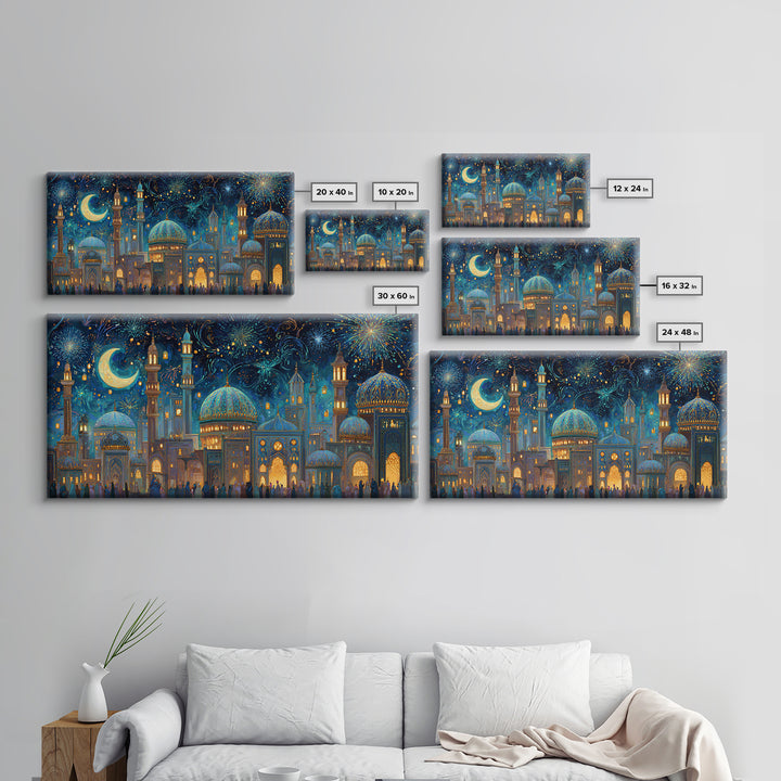 Festive Islamic City With Crescent Moon Framed Canvas Print, Ramadan Wall Art, Moroccan Decor, Eid Gift, Celestial Poster