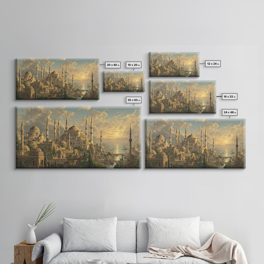 Golden Istanbul Mosque Skyline At Sunset Canvas Print, Islamic Architecture Wall Art, Travel Poster, Elegant Home Decor Gift