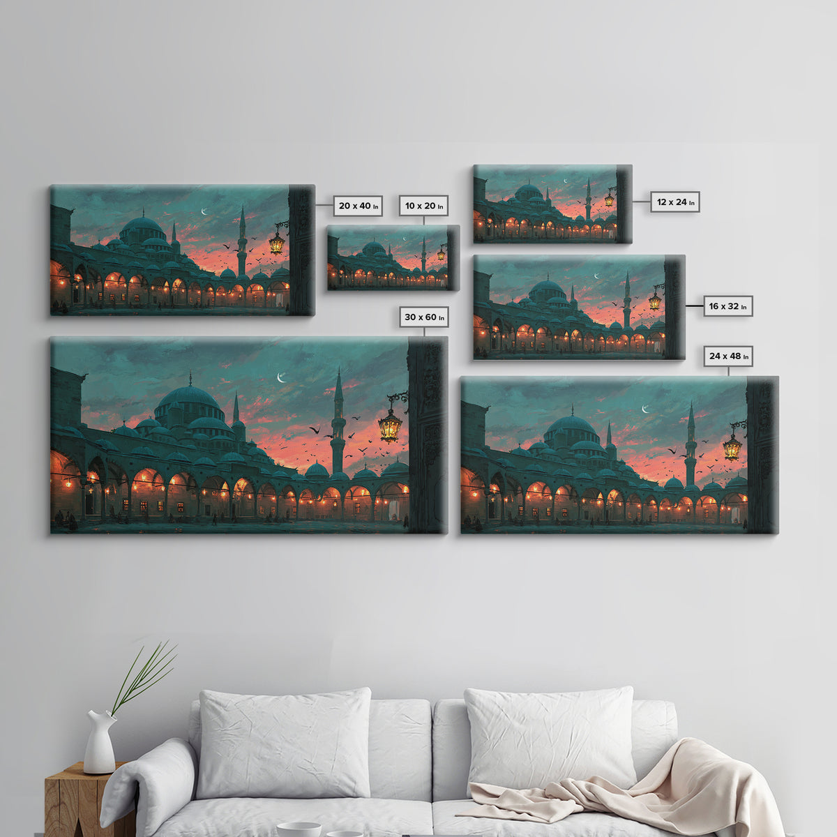 Twilight Mosque Courtyard Framed Canvas Print, Islamic Architecture Wall Art, Istanbul Travel Poster And Prayer Room Decor