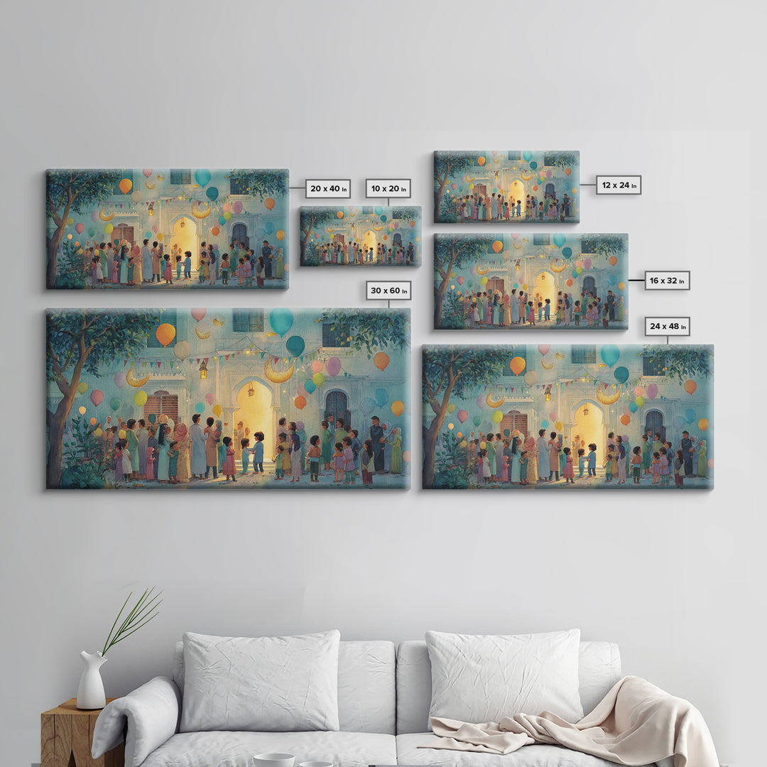 Ramadan Courtyard Celebration With Balloons Wall Art, Islamic Home Decor, Family Gathering Print, Eid Housewarming Gift Idea
