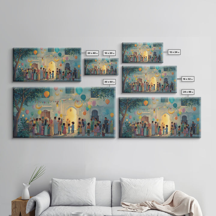 Ramadan Courtyard Celebration With Balloons Wall Art, Islamic Home Decor, Family Gathering Print, Eid Housewarming Gift Idea