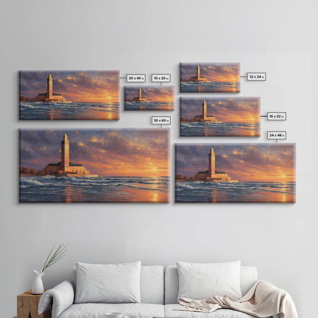 Casablanca Mosque Sunset Wall Art, Moroccan Coastal Seascape Canvas Print, Islamic Architecture, Ocean Decor For Living Room