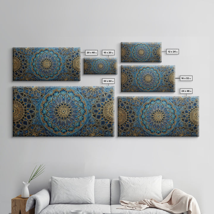 Blue Gold Islamic Geometric Wall Art, Moroccan Mosaic Canvas Print, Sacred Geometry Decor, Luxury Prayer Room Wall Decor