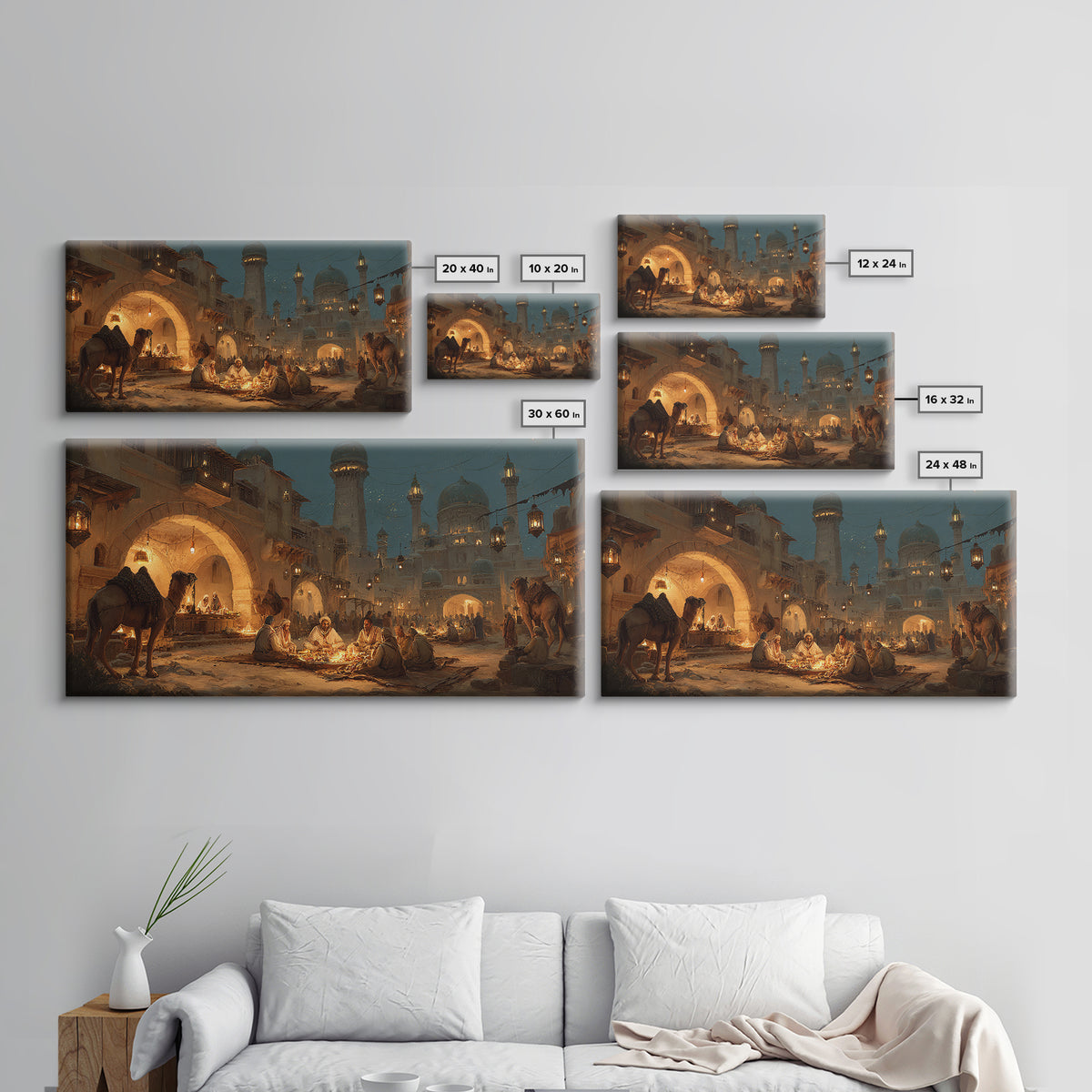 Arabian Night Market With Camels Wall Art, Middle Eastern Cityscape Canvas Print, Warm Lantern Decor, Travel Gift For Living Room