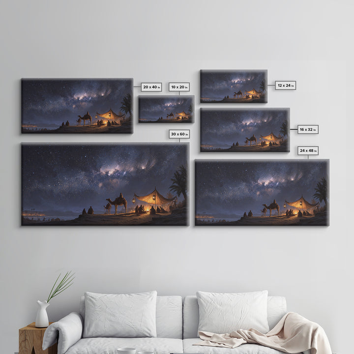 Milky Way Desert Camp Wall Art, Camel Tent Night Sky Canvas Print, Celestial Landscape, Boho Travel Home Decor Gift For Her