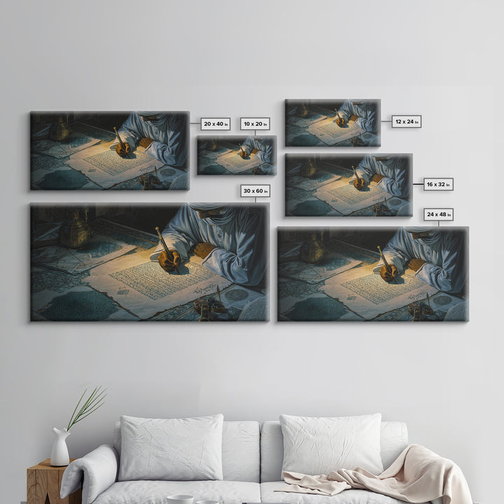 Illuminated Islamic Calligraphy Canvas Print, Scholar Scribe Artwork, Quran Wall Decor, Arabic Manuscript Art, Eid Gift Idea