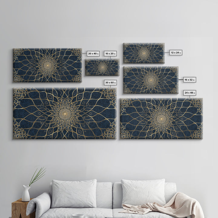 Navy Gold Sacred Geometry Mandala Wall Art, Mystical Spiritual Canvas Wall Art For Meditation Room Decor And Modern Home Decor