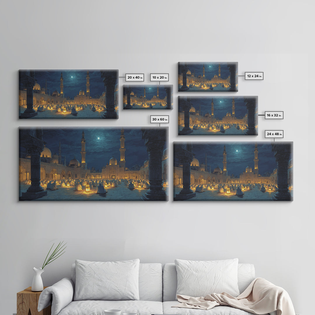 Moonlit Mosque Courtyard With Lanterns Canvas Print, Islamic Wall Art, Prayer Room Decor And Ramadan Gift Idea For Serene Home Decor
