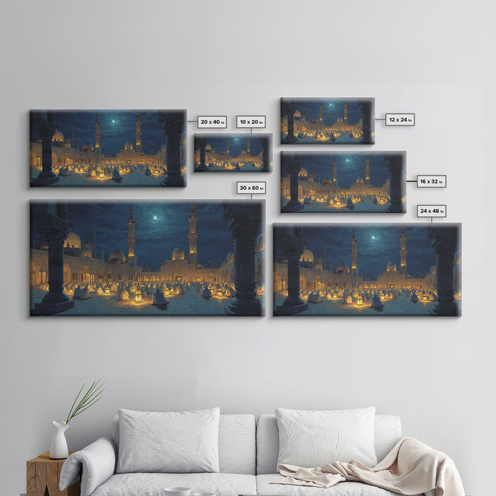 Moonlit Mosque Courtyard With Lanterns Canvas Print, Islamic Wall Art, Prayer Room Decor And Ramadan Gift Idea For Serene Home Decor