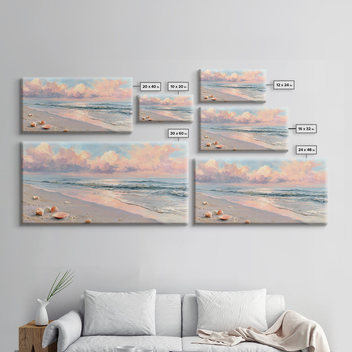 Pastel Ocean Beach Seascape Canvas Print, Coastal Wall Art, Shells And Waves Decor, Beach House Living Room Wall Decor, Gift For Her