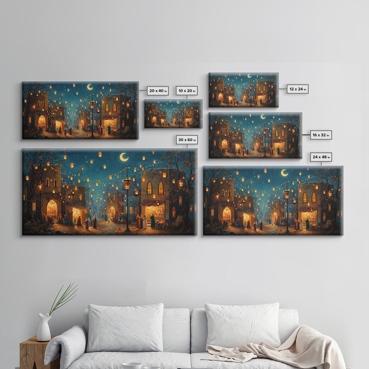 Lantern Lit Old City Bazaar Canvas Print, Crescent Moon Islamic Wall Art, Moroccan Night Market Decor And Ramadan Gift For Home Decor