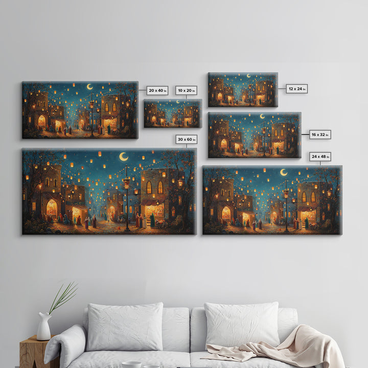 Lantern Lit Old City Bazaar Canvas Print, Crescent Moon Islamic Wall Art, Moroccan Night Market Decor And Ramadan Gift For Home Decor