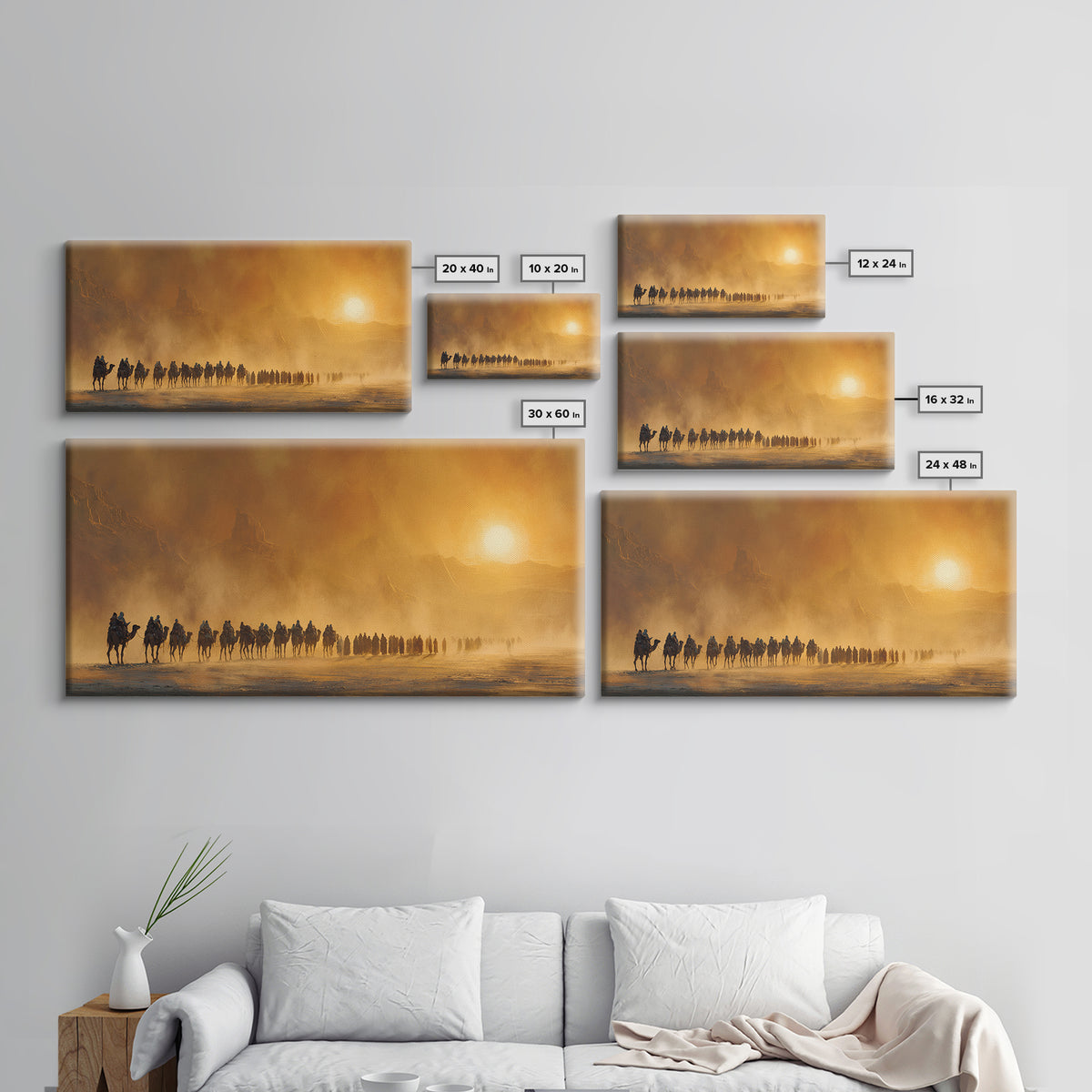 Desert Caravan At Golden Sunset Canvas Print, Western Wall Art, Southwestern Decor, Travel Poster, Warm Earth Tone Decor