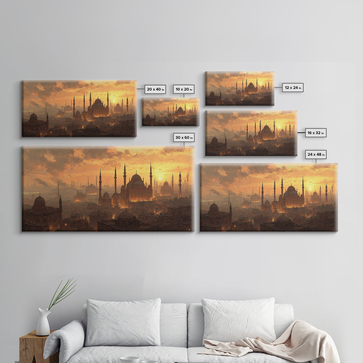 Golden Istanbul Mosque Skyline Wall Art, Islamic Architecture Canvas Print, Sunset Cityscape, Travel Inspired Living Room Decor