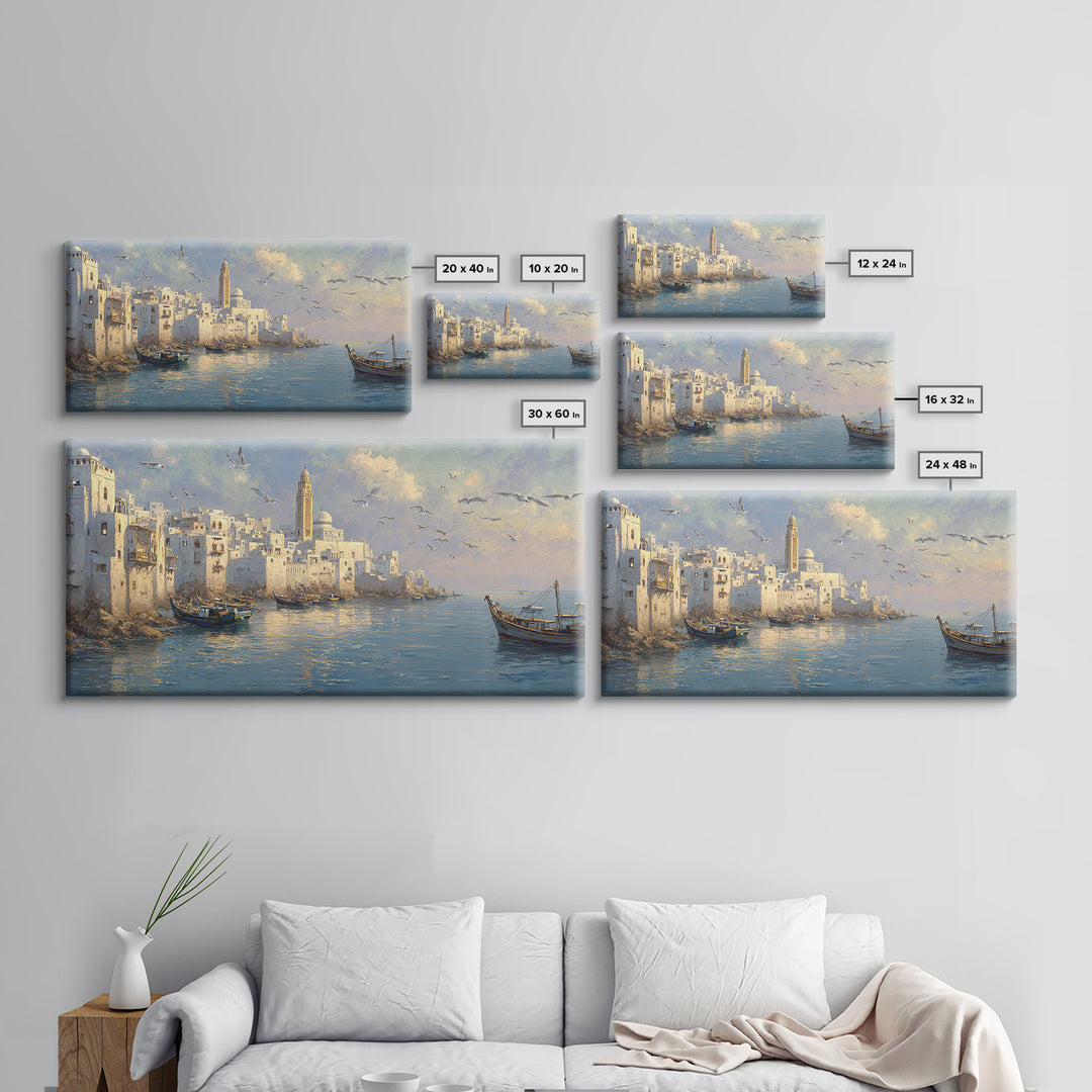 White Mediterranean Harbor With Boats And Seagulls Canvas Print, Coastal Wall Art, Italy Travel Poster, Living Room Decor