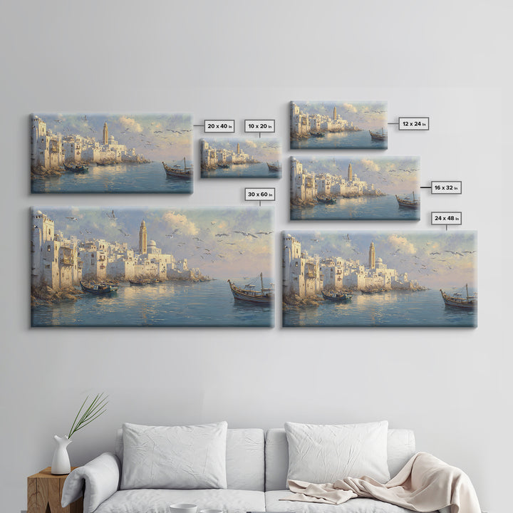 White Mediterranean Harbor With Boats And Seagulls Canvas Print, Coastal Wall Art, Italy Travel Poster, Living Room Decor